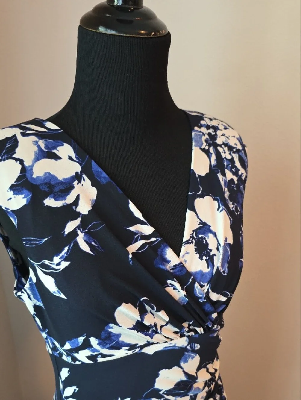 Lauren Ralph Lauren Navy and White Floral Wrap-Front Sheath Dress - Picture 2 of 4